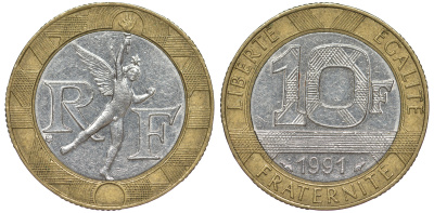 Франция 10 франков 1991 тип Гений Бастилии KM 964.1, Le Frank 375.6 биметалл 45-826