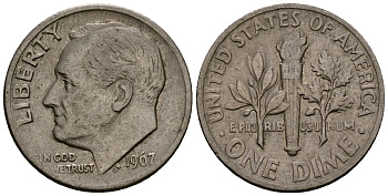 США 10 центов (дайм) 1967 Рузвельт KM 195a медь плакированная медно-никелем 4164-931