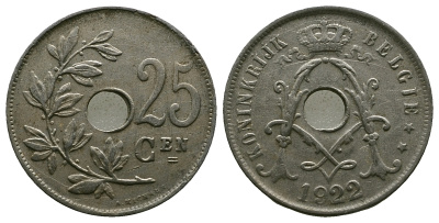 Бельгия 25 сантимов 1922 Belgie KM 69 медно-никель 259-833