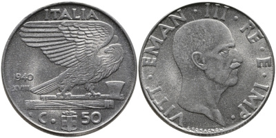 ИТАЛИЯ 50 ЧЕНТЕЗИМО 1940 R, ВИКТОР ИМАНУИЛ, XVII ГОД, НЕМАГНИТНАЯ KM 76а нержавеющая сталь 89-415