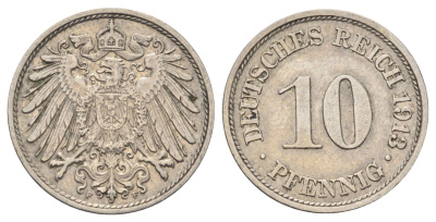 Германия 10 пфеннигов 1913 F KM 12, J. 13 медно-никель 4701-1135