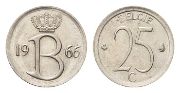 Бельгия 25 сантимов 1966 Belgie, Бодуэн I (1951-1993) KM 154 медно-никель 4705-346