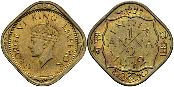 Британская Индия 1/2 анна 1942 Георг VI (1936-1952) KM 534b никель-латунь UNC 94-832