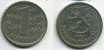 ФИНЛЯНДИЯ 1 МАРКА 1972 KM 49a медно-никель 61-1241