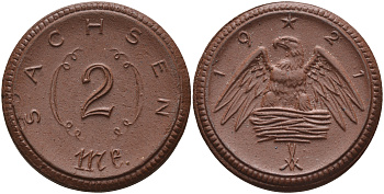Саксония 2 марки 1921 J. N 56 фарфор 1094-2-83