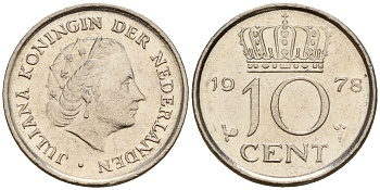 Нидерланды 10 центов 1978 Юлиана (1948-1980) КМ 182 никель    4598-335