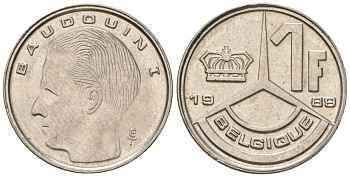 Бельгия 1 франк 1989 Belgique, Бодуэн I (1951-1993) KM 170 железо плакированное никелем 4547-638