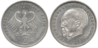 ФРГ 2 марки 1971 G, Конрад Аденауэр KM 124, J. 406 медно-никель плакированный никелем UNC 00-00