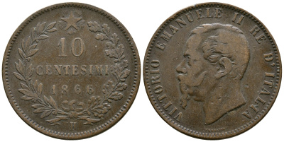ИТАЛИЯ 10 ЧЕНТЕЗИМО 1866 H, ВИКТОР ЭММАНУИЛ II (1861-1878) KM 11.3 медь 4381-134