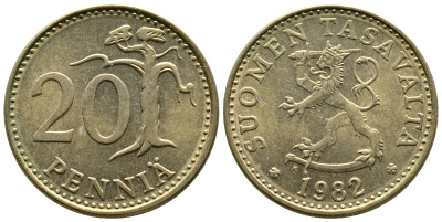ФИНЛЯНДИЯ 20 ПЕННИ 1982 К KM 47 алюминиевая бронза 4110-812