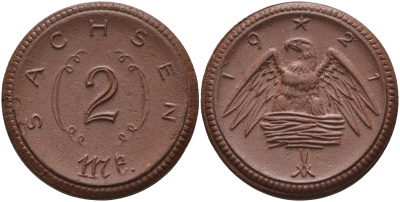Саксония 2 марки 1921 J. N 56 фарфор 1094-2-83