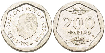 ИСПАНИЯ 200 ПЕСЕТ 1986 ХУАН КАРЛОС I (1975-) KM 829 медно-никель 210-914