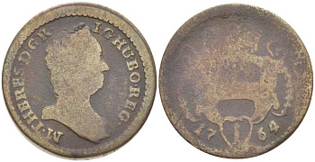 АВСТРИЯ 1 ПФЕННИНГ 1764 МАРИЯ ТЕРЕЗИЯ (1740-1780) KM 1979 медь 201-1036