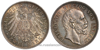 Ангальт 2 марки 1896 Фридрих I, герцог Ангальта (1831-1904) J. 20, KM 265 серебро aUNC 10-010-37