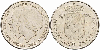 Нидерланды 2 1/2 гульдена 1980 коронация Беатрикс, 30 апреля 1980 KM 201 никель 38-1245