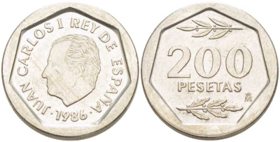 ИСПАНИЯ 200 ПЕСЕТ 1986 ХУАН КАРЛОС I (1975-) KM 829 медно-никель 210-914