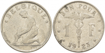 Бельгия 1 франк 1923 Belgique, Альберт I (1909-1934) KM 89 никель 259-941