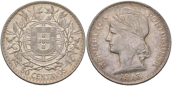 Португалия 50 сентаво 1913 KM 561 серебро 4587-833