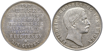 Баден 1 гульден 1857 на посещение монетного двора, тираж 776 экземпляров AKS 135; J. 77 серебро UNC 10-002-18