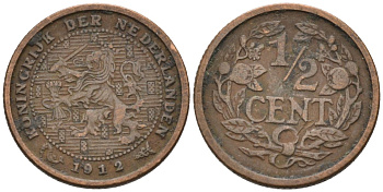 Нидерланды 1/2 цента 1912 Вильгельмина (1890-1948) KM 138 бронза 4576-348