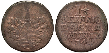 САКСЕН-ГОТА-АЛЬТЕНБУРГ 1 1/2 ПФЕННИГА 1744 KM 8 медь 75-1147