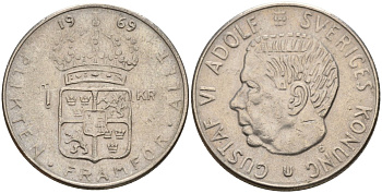 Швеция 1 крона 1969 U, Густав VI Адольф (1950-1973) KM 826a медь плакированный медно-никелем 4150-246