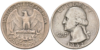 США 25 центов = квотер = 1/4 доллара 1942 S, Джордж Вашингтон KM 164 серебро 190-1211