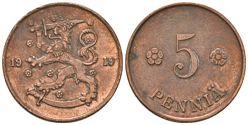 Финляндия 5 пенни 1919 KM 22 медь 4174-345