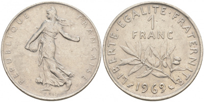 ФРАНЦИЯ 1 ФРАНК 1969 СЕЯТЕЛЬ KM 925.1 никель 186-336