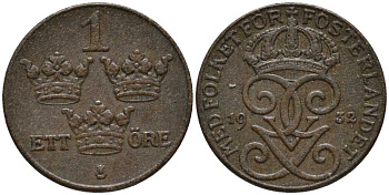 Швеция 1 эре 1932 Густав V (1907-1950) KM 777.2 бронза 201-1129
