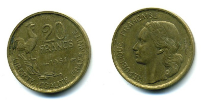 ФРАНЦИЯ 20 ФРАНКОВ 1951 ПЕТУХ, 4 ПЕРА KM 917.1, LE FRANC 402.7 алюминивая бронза 25-2437