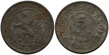 Бельгия 5 сантимов 1916 германская оккупация Первая мировая война, Альберт I (1910-1934) KM 80 цинк 4147-211