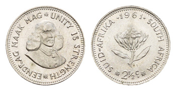 ЮАР 2 1/2 цента 1961 KM 58 серебро UNC 220-1056