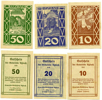 Австрия, Ацбах набор из 3 банкнот, 10, 20, 50 геллеров 1920 нотгельд, коммуна в земле Верхняя Австрия   бумага  UNC (пресс) 7555-11-3-2