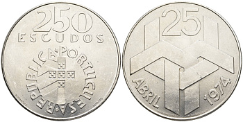 Португалия 250 эскудо 1976 Революция гвоздик 25 апреля 1974 года KM 604 серебро UNC 4558-222