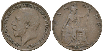 Великобритания 1 фартинг 1912 Георг V (1910-1936) KM 808.1, Spink 4059 бронза 4617-851