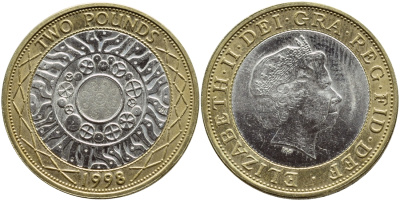 Великобритания 2 фунта 1998 Елизавета II (1952-2022) KM 994, Spink 4570 (K9) (K9) биметалл 41-522