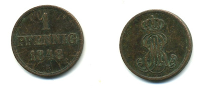 Ганновер 1 пфенниг 1848 B, Эрнст Август (1837-1851) KM 201.1, AKS 129, J. 74 медь 36-1122