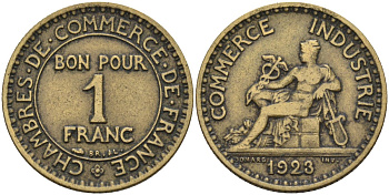Франция 1 франк 1923 KM 876, Le Franc 218.5 алюминиевая бронза 4591-1053