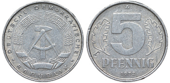 ГДР 5 пфеннигов 1972 A KM 9.1 алюминий 62-243
