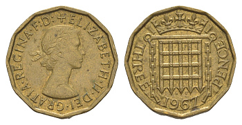 Великобритания 3 пенса 1967 Елизавета II (1952-2022) KM 900, Spink 4153 никель латунь 4153-1137