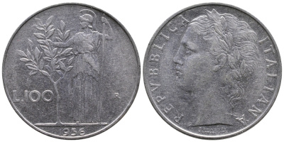 ИТАЛИЯ 100 ЛИР 1956 R, АФИНА KM 96.1 нержавеющая сталь 83-1146