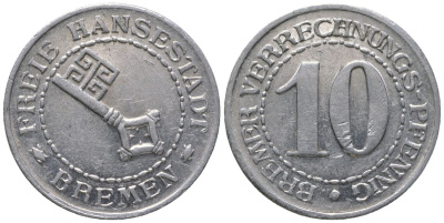 Бремен 10 пфенингов ND Funck 634.2, Men05 3558.2, Men18 4503.2 алюминий 4610-336