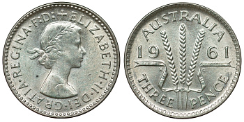 Австралия 3 пенса 1961 m, Елизавета II (1952-2022) KM 57 серебро 71-755