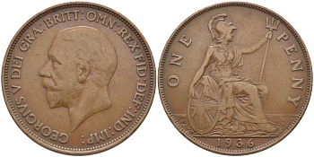 Великобритания 1 пенни 1936 Георг V (1910-1936) KM 838, Spink 4055 бронза 115-314
