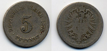 ГЕРМАНИЯ 5 ПФЕННИГОВ 1875 F, СТАРОГЕРБОВКА KM 3, J.3 медно-никель 41-631