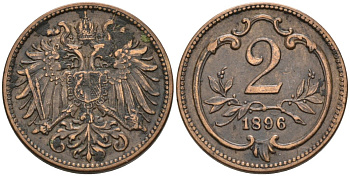Австрия 2 геллера 1896 Франц Иосиф (1846-1918) KM 2801 бронза 4567-641