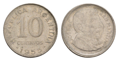 Аргентина 10 сентаво 1955 генерал Хосе де Сан Мартин KM 51 сталь плакированная никелем 4655-1017