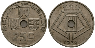 Бельгия 25 сантимов 1939 Belgique - Belgie KM 114 никель латунь 4382-532