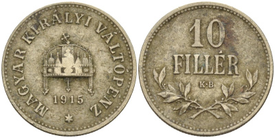 Венгрия 10 филлеров 1915 KB, Франц Иосиф I (1848-1916) KM 494 медь никель цинк 4151-1122